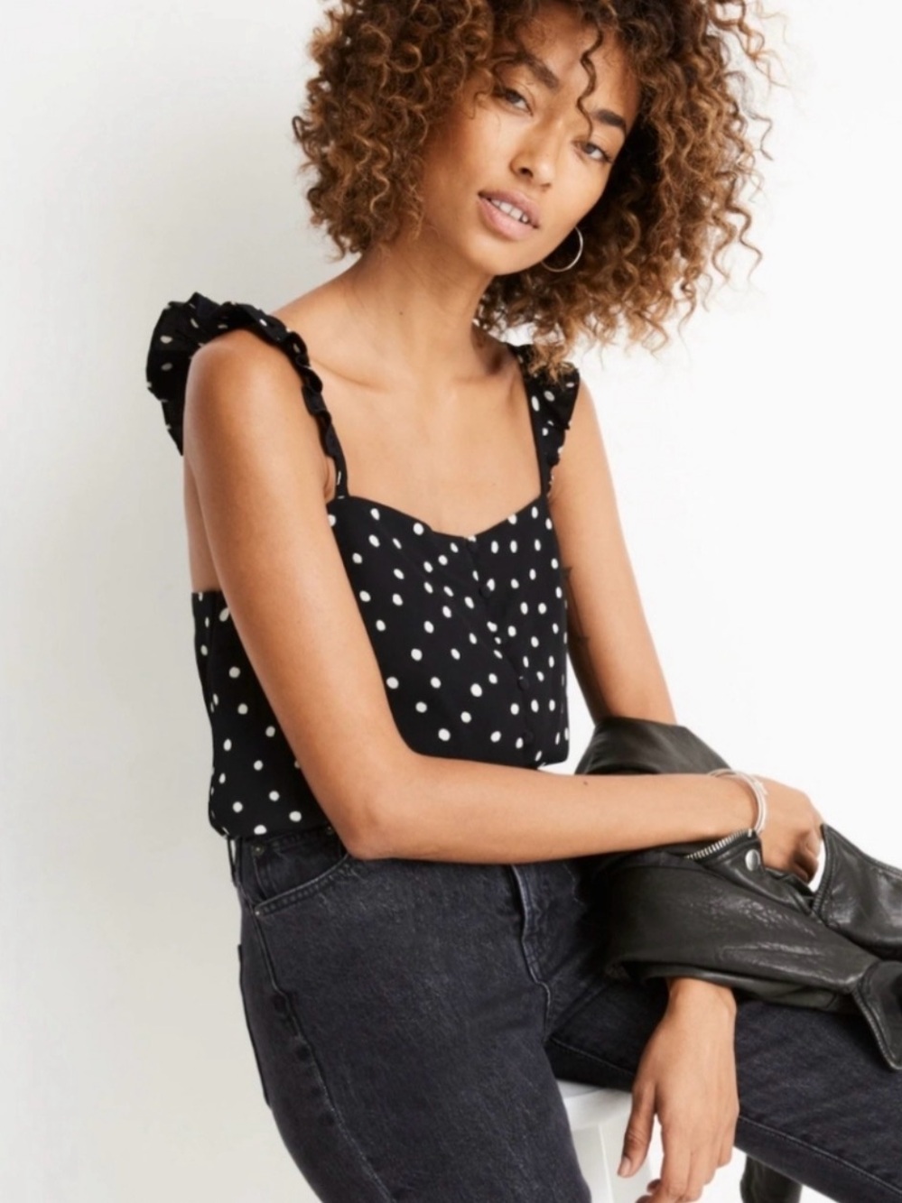 Madewell Polka Dot Ruffle Strap Tank Top - Black and White Q5